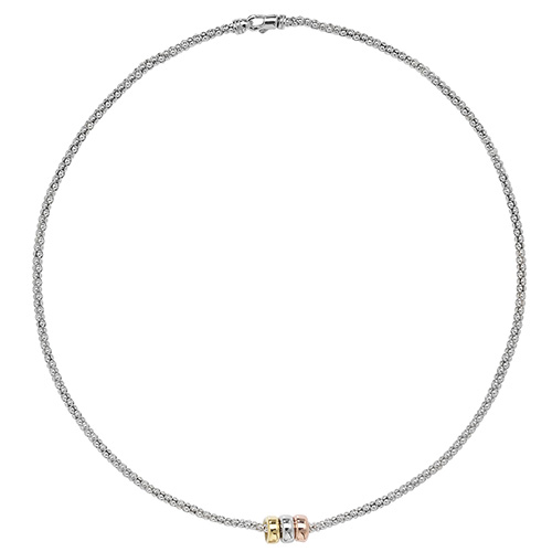 Silver Rhodium Plated Tricolour Gold Plated Rings Mesh Necklet - Sakakini Jewellers Horsham