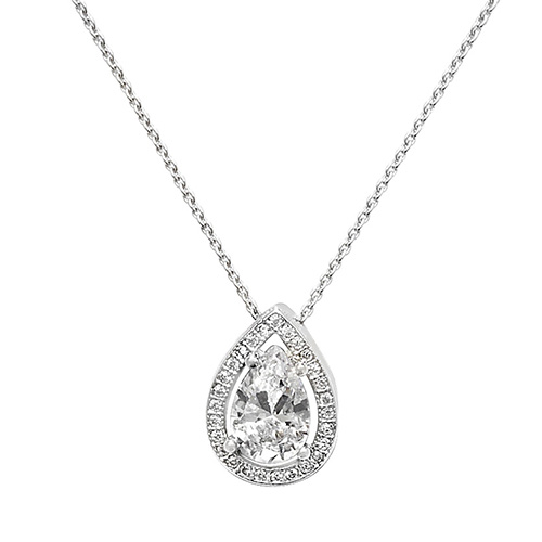 Silver Rhodium Plated Pear Shape Halo Cz Necklet - Sakakini Jewellers Horsham