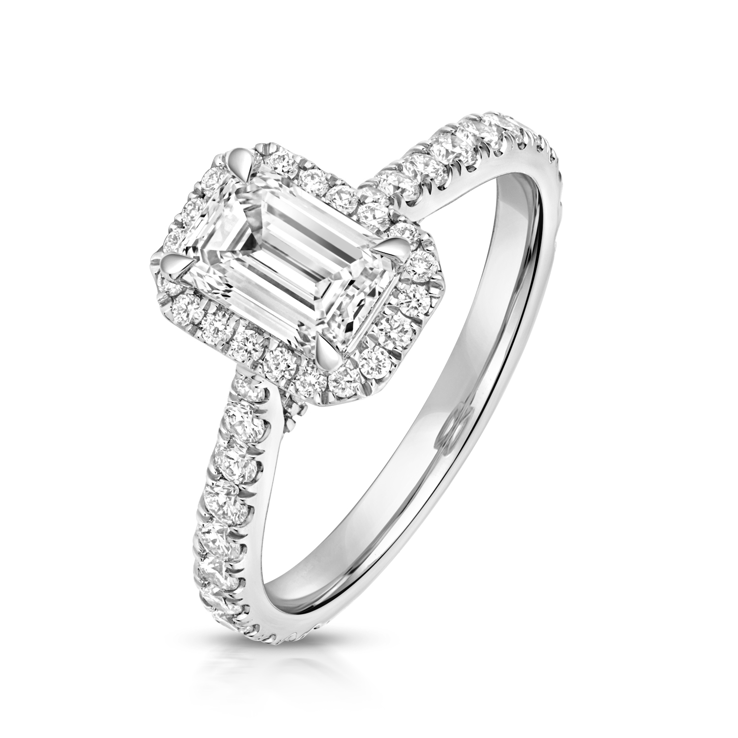 Lab Grown Emerald Cut Halo Diamond Pendant in Platinum with Shoulders - Sakakini Jewellers Horsham